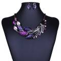 Elegant Purple Peacock Enamel Necklace Stud Earrings Set. 