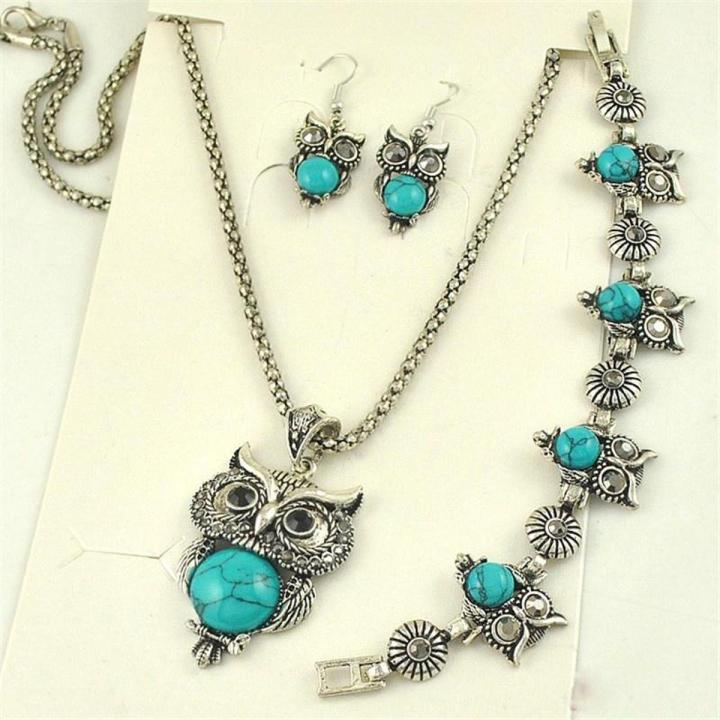 Vintage Owl Jewelry set Dangle pendant Necklace Bracelet Earrings lady accessories