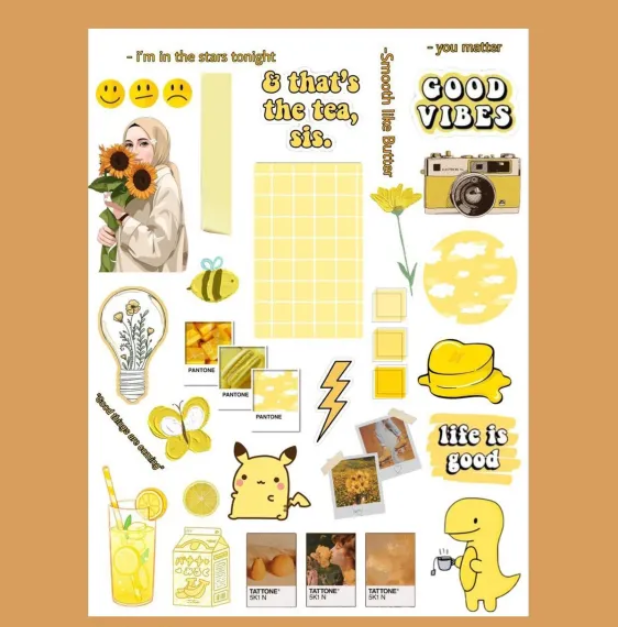 Yellow Journal Sticker Sheet | Journaling Stickers For All Purpose | Aesthetic Room Decor | Book Stickers For Journal | Aesthetic Stickers For Boys And Girls | Stickers Aesthetic  | Stickers For Mobile