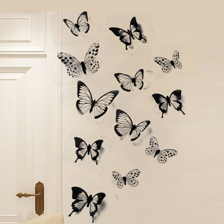 12/24 Pcs 3D Wall Stickers Black and White Butterfly Wall Stickers DIY Art Home Decor Wall Decals Fridge Stickers Wedding Decor