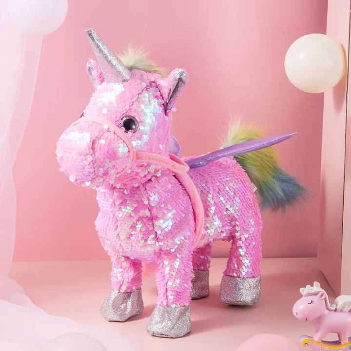 35cm Electric Walking Unicorn Plush Funny Toy Lead Rope Shake Hips Singing Music Stuffed Toy For Children Kids Gift