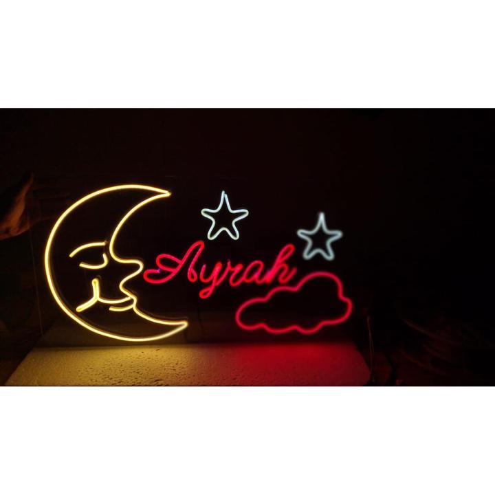 CUSTOMIZED MOON STAR Neon Sign LOGO with Name for Wall Available in Blue/ICE BLUE/Pink/Purple & Red Color with Thick Acrylic Support - Shockproof Neon Light for Room Decoration Wall Art/Decor with High Durable Packing