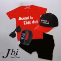 Pack of 5 Summer Kids Jhappi Lo Eidi Do Printed Tracksuit Half Sleeves Round Neck T-Shirt Glasses Watch Short With Printed Cap Tracksuit for Kids. 