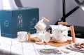 Techmanistan 6 Pieces Marble Pattern Household Tea Cups Set With Teapot & Wooden Tray, Ceramic Tea Cups Sets with Wooden Trays, Tea Cup and Saucer Set, Ceramic Tea Set with Wooden Handle. 