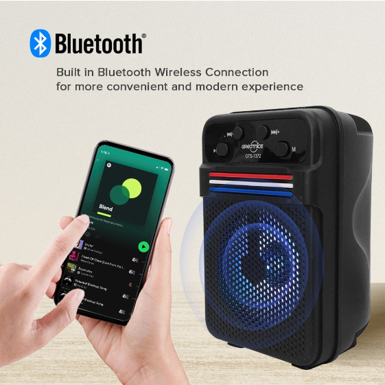 GREATNICE Bluetooth Speaker GTS-1372 Wireless Portable Speaker with extra Bass 3-inch loudspeaker and a plastic cabinet material.