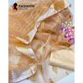 Fashion Vista Organza 3 Piece Unstitched Suit Embroidered Shirt & Trouser with Organza Dupatta - Peach. 