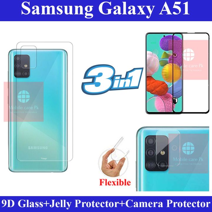 Samsung Galaxy A51 Full Black 9D5D6D10D11D21D Tempered Glass Screen Protector Full Glue  + Back Camera 9H Gorilla Flexible Protector + Back Jelly Protector Clear Soft Protection Film Transparent Hydrogel Film Protector For Samsung Galaxy A51