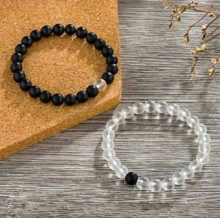 Korean Bohemian Beads Black & Transparent Glass Couple Bracelet For Men's And Women High Quality Pack Of 2 Marble Stone Pair