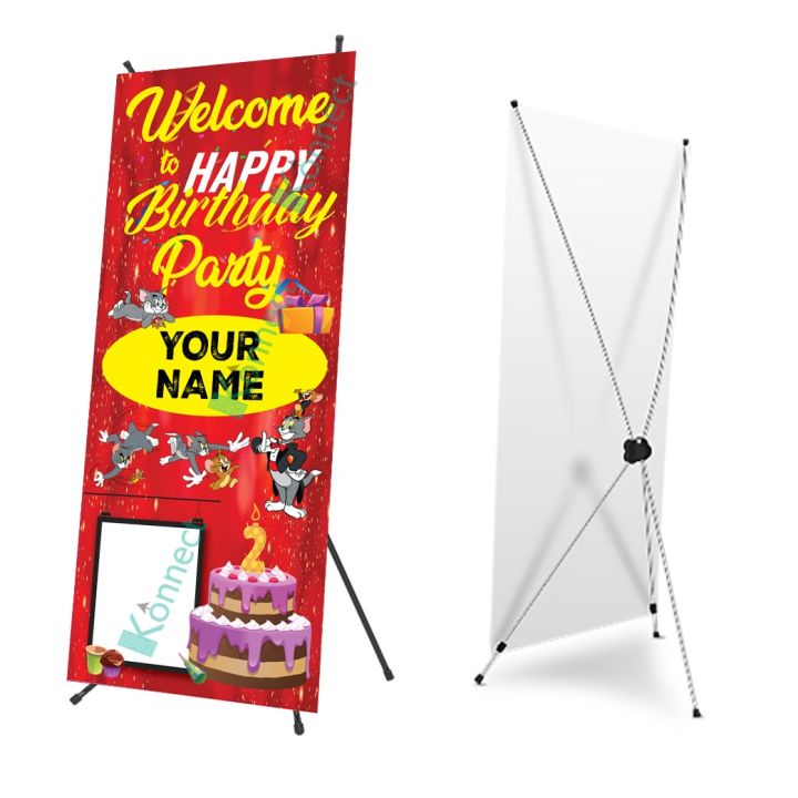 Personalized Birthday Party Welcome X Stand With Banner | Tom & Jerry Theme | Size 2x5 Feet