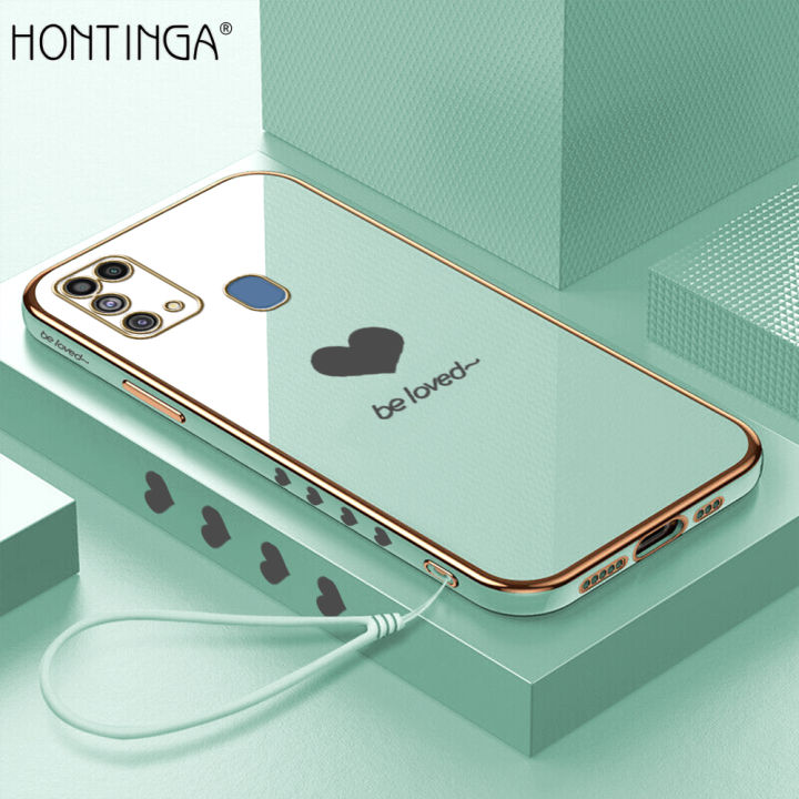 Hontinga for Samsung Galaxy M31 Back Cover（Free Lanyard）Luxury 6D Plating Lover Heart Side Pattern Case Soft Silicone Square Mobile Cover