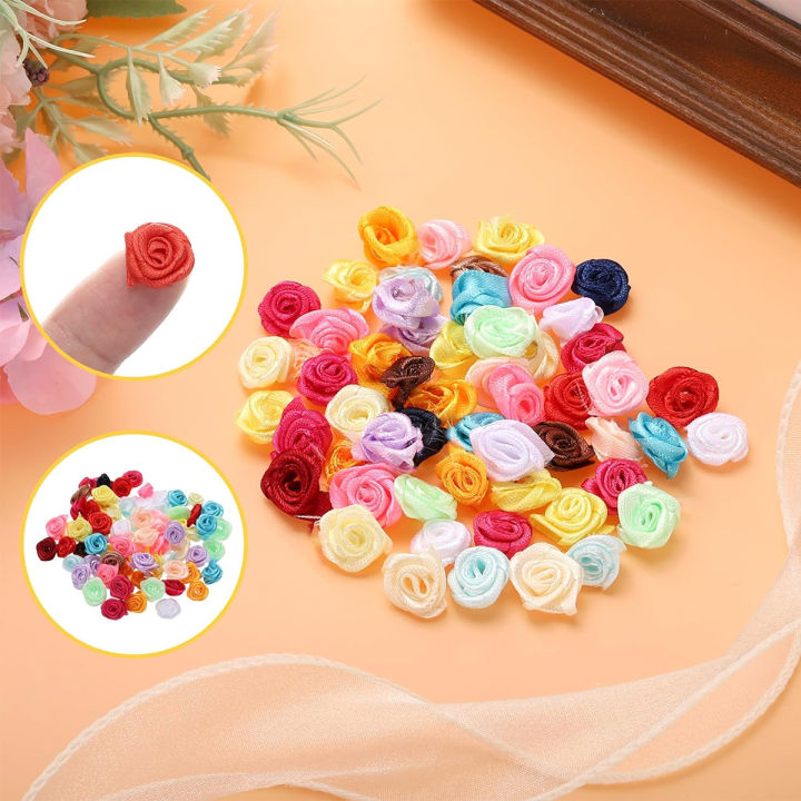Assorted Mini Satin Rose Ribbon Rosettes Fabric Flowers - 100 Pieces