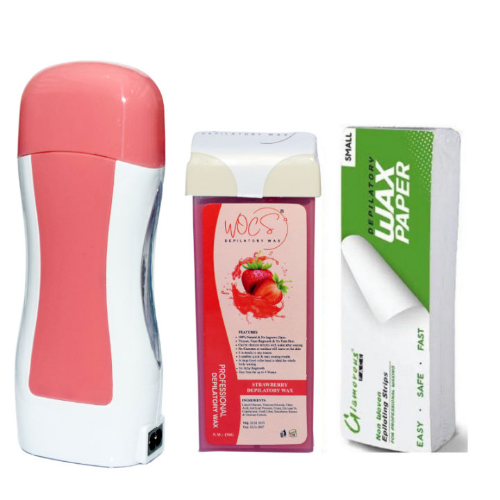"Pack of 3 Roll-On Wax Heater Machines: Portable Electric Wax Warmer with Depilatory Roller, Strips, and Wax Refill"