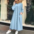2025 autumn Muslim long sleeved plus size women's round neck pocket commuting casual robe shirt dress long. 