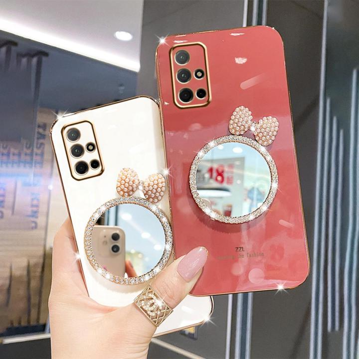 Maitus for Samsung Galaxy A71 Back Cover Luxury 6D Plating Square Bumper Shiny Bowknot Makeup Mirror Soft Silicone Girls Cases Full Protection Mobile Phone Case