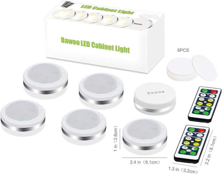 Under Cabinet Lights, Bawoo Wireless LED Puck Lights Remote Control, 4000K Natural White Brightness Dimmable Battery Powered Touch Closet Cupboard Kitchen Wardrobe Lights, 6 Pack (White)Under Cabinet Lights, Bawoo Wireless LED Puck Lights Remote Control,