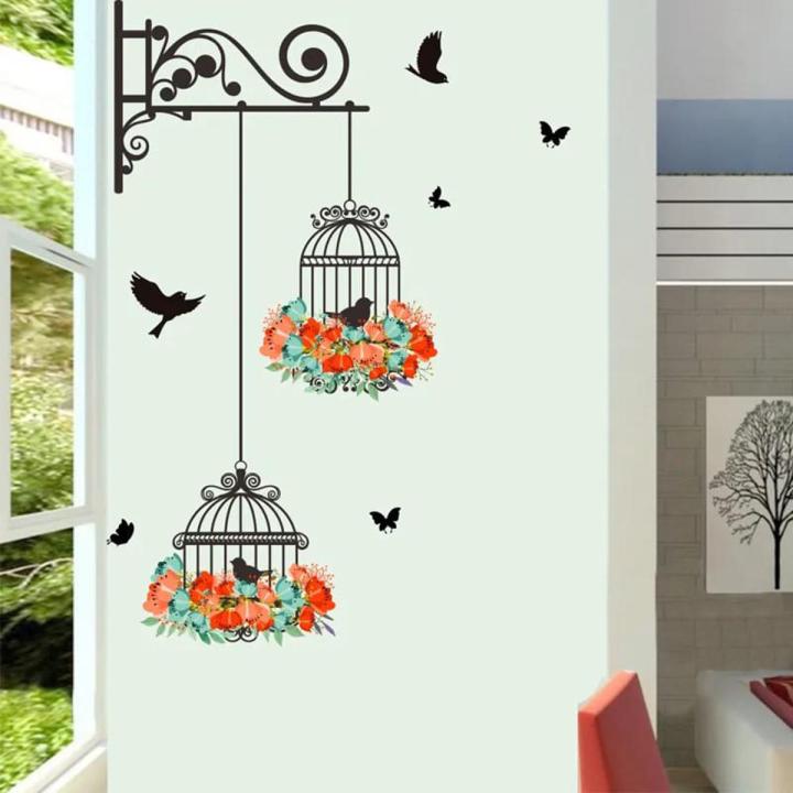 Creative Home Decor Living Room Decals Wallpaper Bedroom Nursery Window Decor Colorful Flower Birdcage Flying Birds Wall Sticker