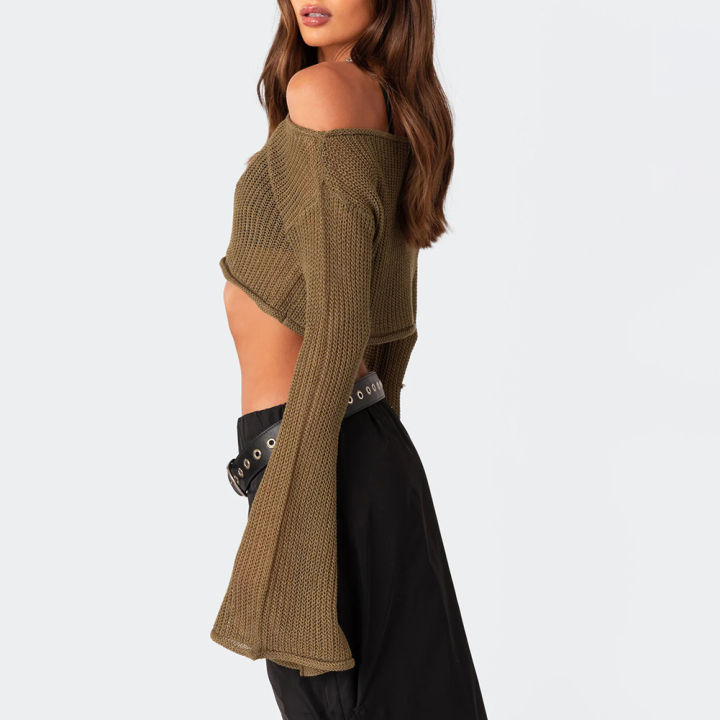 bellylady%20Women%20Knit%20Crop%20Tops%20Long%20Sleeve%20Hollow%20Out%20Pullover%20Tops%20Off%20Shoulder%20Y2K%20Beachwear%20Poncho%20Sweater%20-%20Image%207