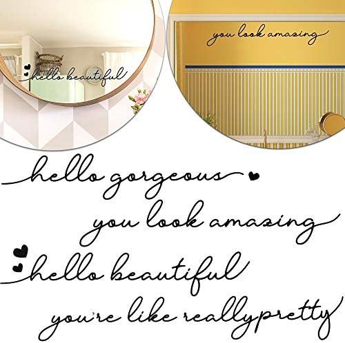 4 Pieces Quote Mirror Decals Set Hello Beautiful Decal Hello Gorgeous Mirror Sticker You Look Amazing Mirror Decals Door Greeting Vinyl Stickers for Mirror Bathroom Home Decor (Black)