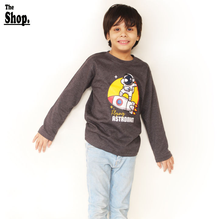 The Shop - Flying Astronaut Grey Full Sleeves T Shirt For Boys & Girls Kids, 1 Years To 14 Years - FA-CG1