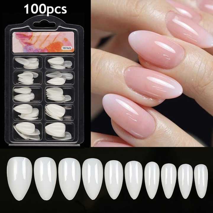 100pcs Almond Shape Nails, With Nail Glue For Girls, Artificial Nails, Beautiful Fancy Nails Fake Nails With Nail Glue, Acrylic Nails Nails Kit 100pcs Set Transparent & Natural Falsee Nail