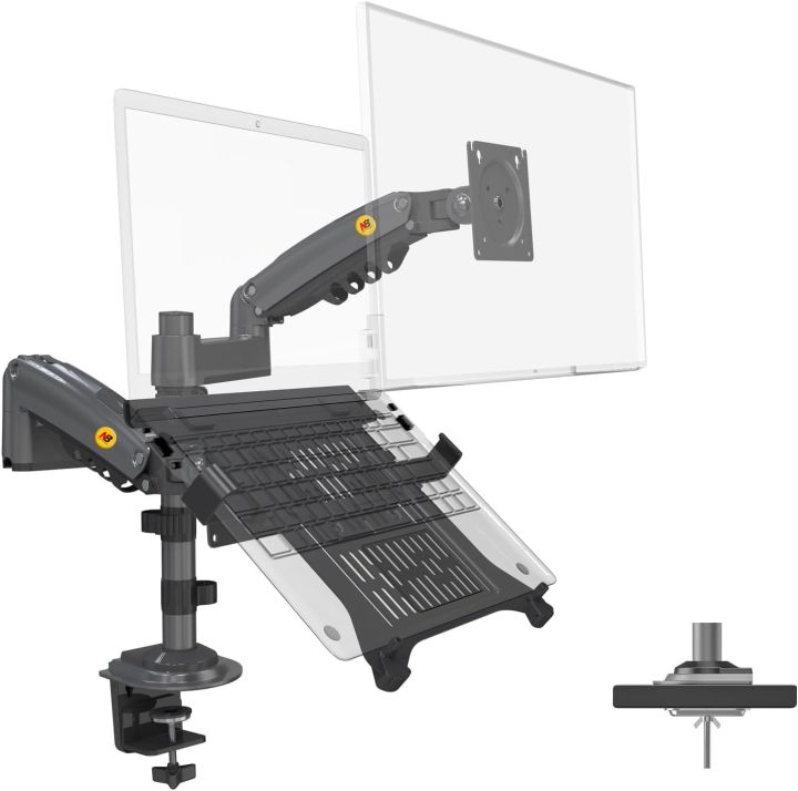 ENRG NB North Bayou H180 Dual Arm 2 in 1 Combo Laptop Mount with Adjustable Tray for 10-17” Notebook Full Motion Monitor Desk Mount Arm Stand Full Motion Swivel Monitor Arm with Gas Spring for 17 - 32 Inches LCD And Monitor
