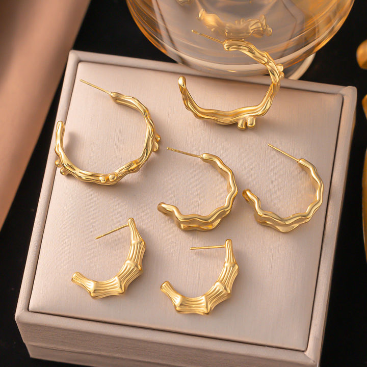 18K Qingwen  Cross-Border Niche High-Grade Pleated Lava Design Earrings Stainless Steel 18k Geometry C Women's Shape Trendy Earrings