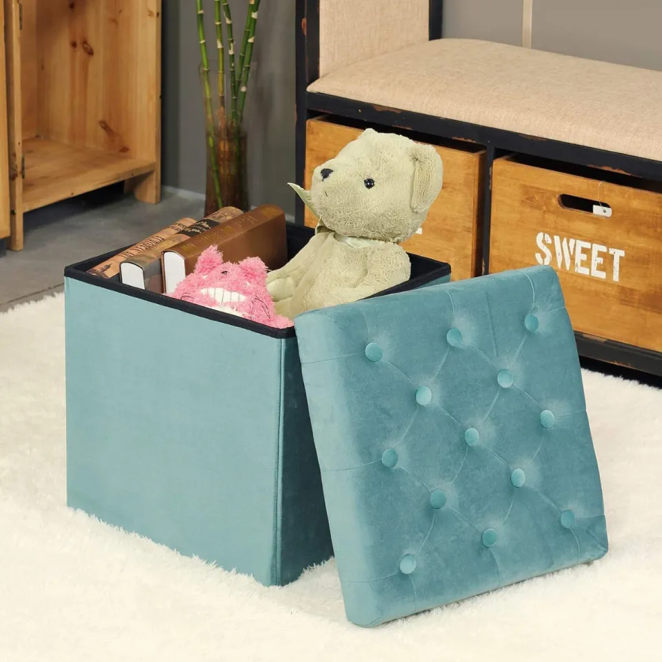 Green Velvet Ottoman Storage boxes Folding Stool Soft Cushion Footrest Toy  Storage Box Seat for Living Room Poofy Foot Stool,38x38x38cm
