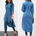 Women Casual Long Sleeve Jeans Shirt Turn Down Collar Long Denim Tops. 