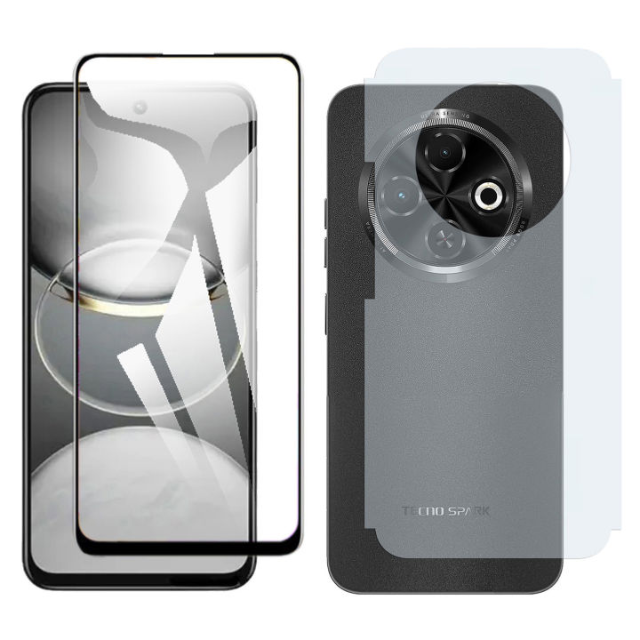 Tecno Spark 30C Full Glue 9D Tempered Glass Screen Protector Complete Edge to Edge Coverage + Soft Skin Matte Back Protector Scratch Resistant Film For Tecno Spark 30C
