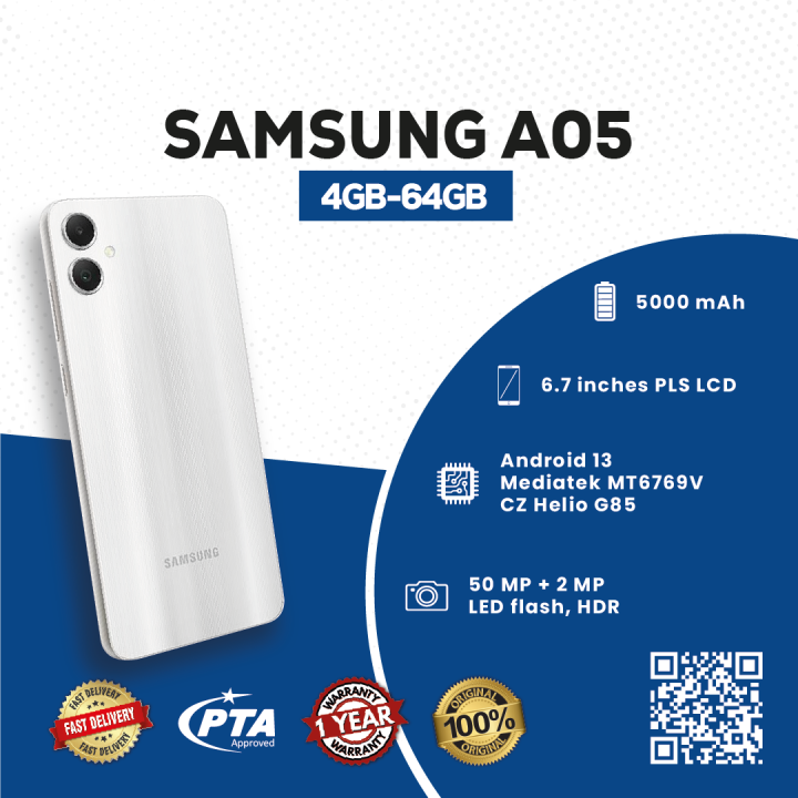 Samsung A05 , 4GB RAM + 64GB ROM, PLS LCD 6.7 inches Display, 5000 mAh Battery, 50MP Dual Camera, Mediatek MT6769V/CZ Helio G85 Chipset, Mobile Phone May be Active