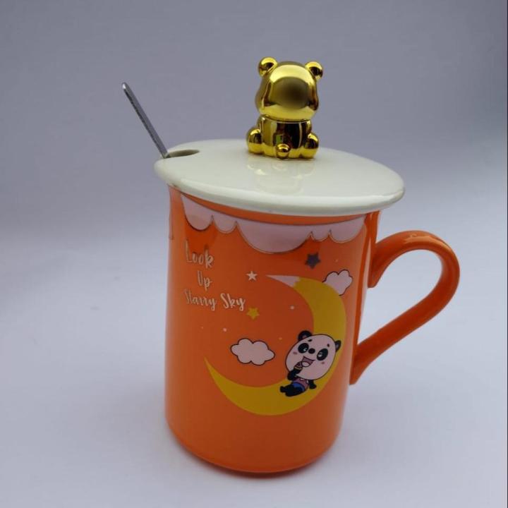orange coffee mug teddy bear on lid with metal spoon best coffee or milk mug for kids and adults  best for gifting