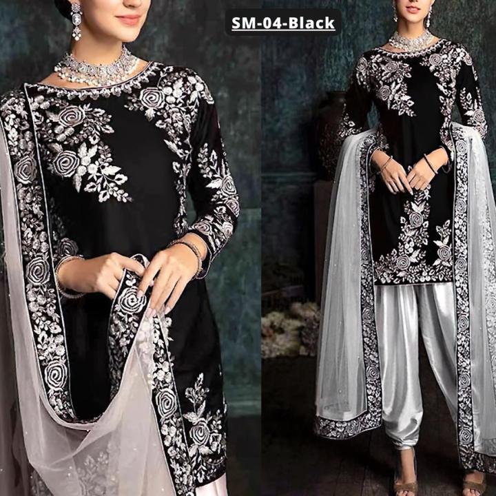Fancy Embroidered Black Silk Party Wear Dress SM-04 Unstitched