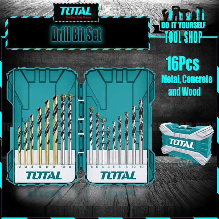 TOTAL TACSDL11601 16 Pcs Drill Bits Set (for Metal, Concrete and Wood)