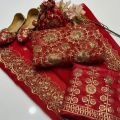 4Pcs Wedding dress For Women's Stuff organza Front Jaal Shirt,Kattan slik embroidery Trouser Along With Organza embroidery Dupatta. 