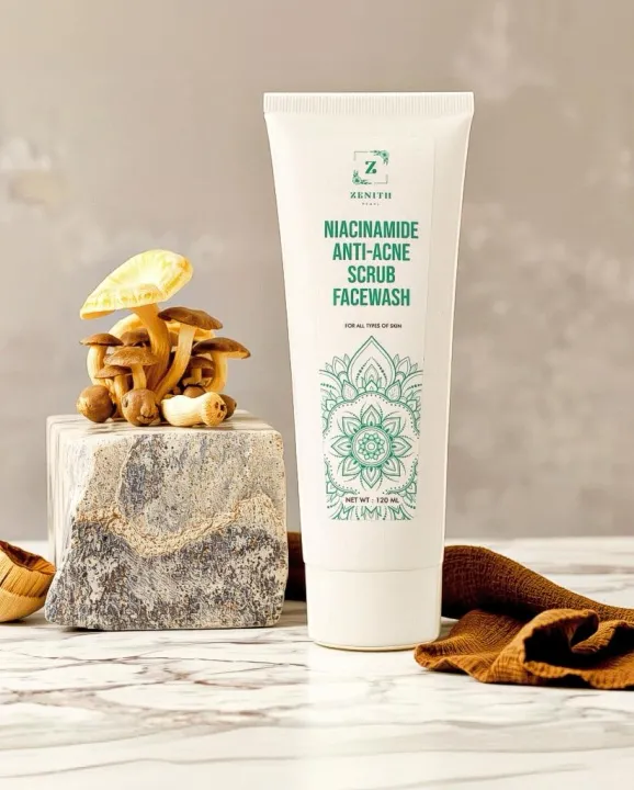 ORANGLES ZENITH PEARL Niacinamide Anti Acne Scrub Facewash 120ml - detailed closeup view - illustrating benefits - Image 3 of 4 | created for all | Shop ZENITH PEARL Niacinamide Anti Acne Scrub Facewash 120ml North Carolina | Free Shipping ORANGLES