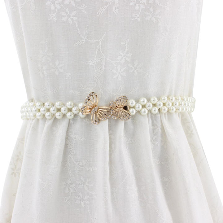 Fashion Pearl Belts For Women Dresses Elastic Buckle Ladies Belt Flower Butterfly Crystal Girls Waist Belts Waistband