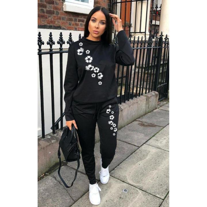 Black Floral Printed Summer Full Sleeves Tracksuit For Women