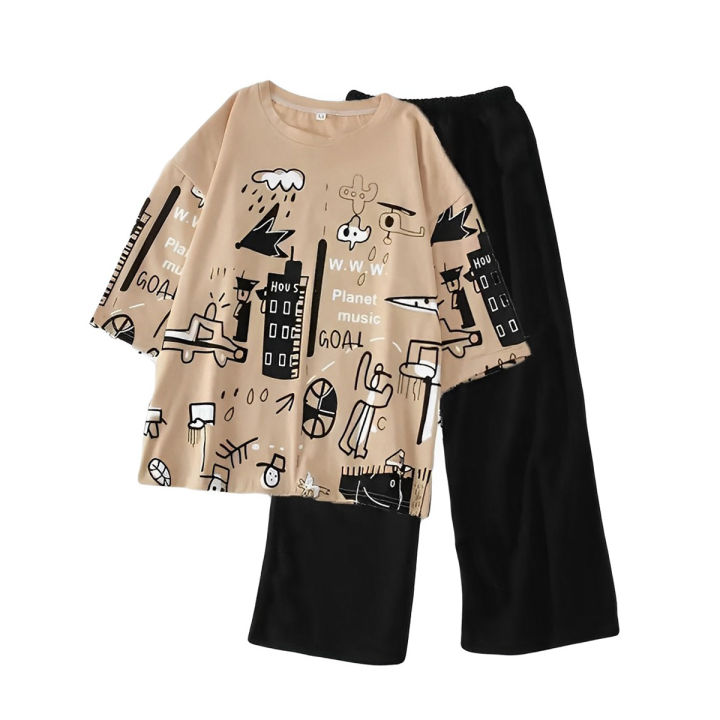Women Oversized Relaxed Comfortable Printed T-Shirt and Trouser Set for Girls