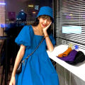Korean version of loose square neck dress 2022 new foreign style puff sleeve dress women's two-piece set with hat. 