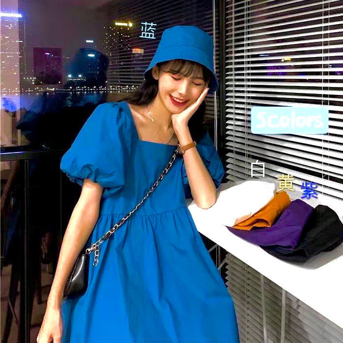 Korean version of loose square neck dress 2022 new foreign style puff sleeve dress women's two-piece set with hat