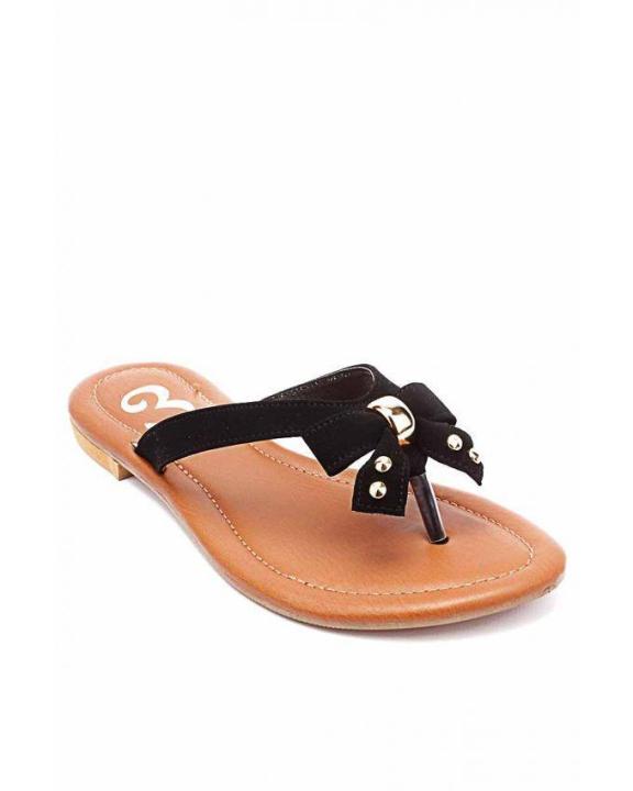 Black V-strap Slippers with Bow Design & Golden Buckle - US Size