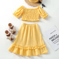 Little Girls Two-Piece Outfits, Solid Color Short Sleeve Off Shoulder Pleated Crop Tops + Ruffles Long Skirt. 