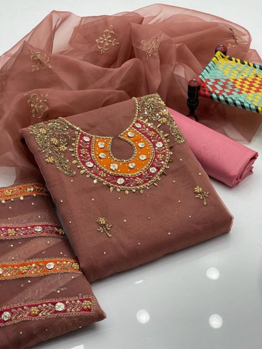 3 piece unstitched Dress for women & Girls beautifull embroidery work handemade design PINK colour suit for girls