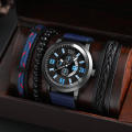 SOKI New Men's Business Alloy 4 pcs Jewelry Set Casual Leather Strap Number Date Quartz Wristwatch Fashion Watch. 