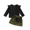 Baby Girl Clothes Set, Solid Color Long Sleeve Crew Neck Ruffle Tops + Elastic Waist A-Line Skirt + Pendant Bag. 