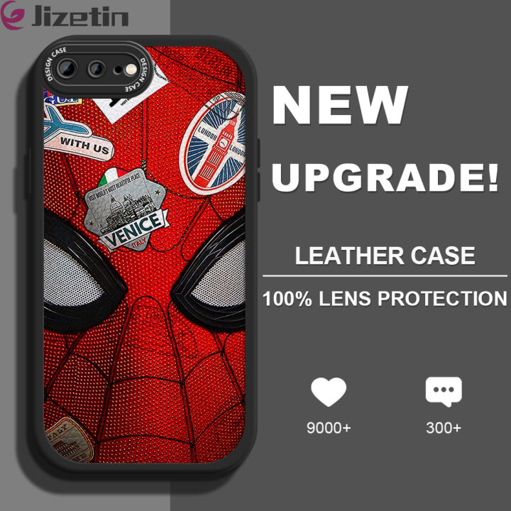 Jizetin for iPhone 7 Plus iPhone 8 Plus Back Cover Spider Man Lambskin Texture PU Leather Back For Girls Boys Soft Phone Case