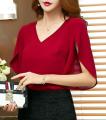 Red Chiffon V-neck loose lotus leaf Shirt For Women. 