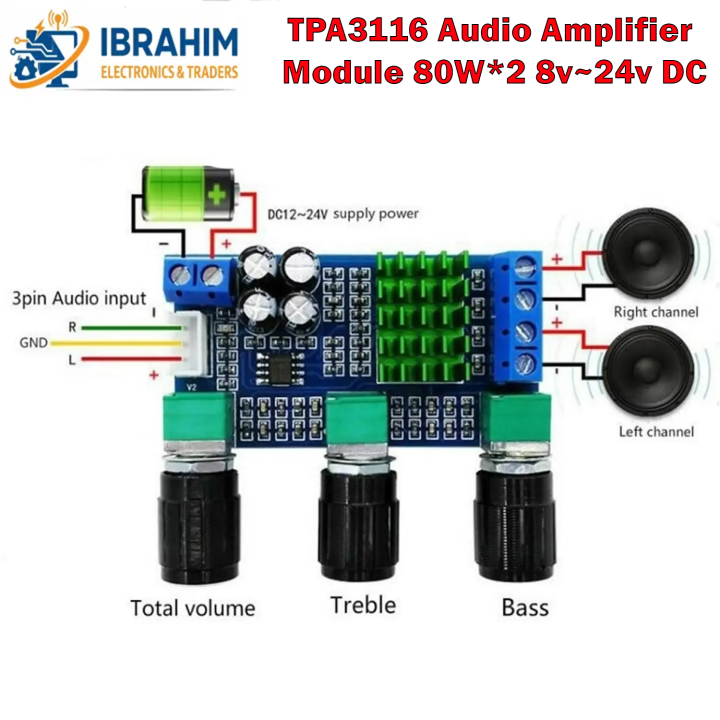 TPA3116D2 DC 8V-24V 80 Watts * 2 Digital Audio Amplifier Board Treble ...