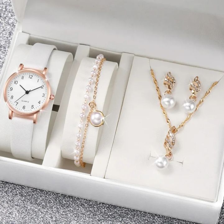 5 Pcs Women Luxury Watch With Bracelet, Necklace And Earrings Beautiful Watch Set For Women For All Occasion