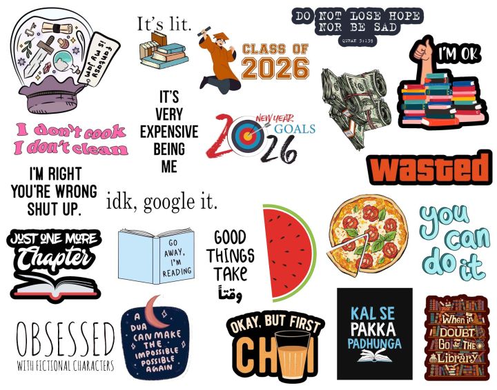 Reading Stickers for Laptop - Now Available in Pack of 10, Pack 20 & Pack of 23 New 2026 edition - Aesthetic Art Stickers for mobile, Laptop, dairy and more - Stickers for Mobile - Wasted - 2026 Stickers - New Year Sticker - Chai Sticker